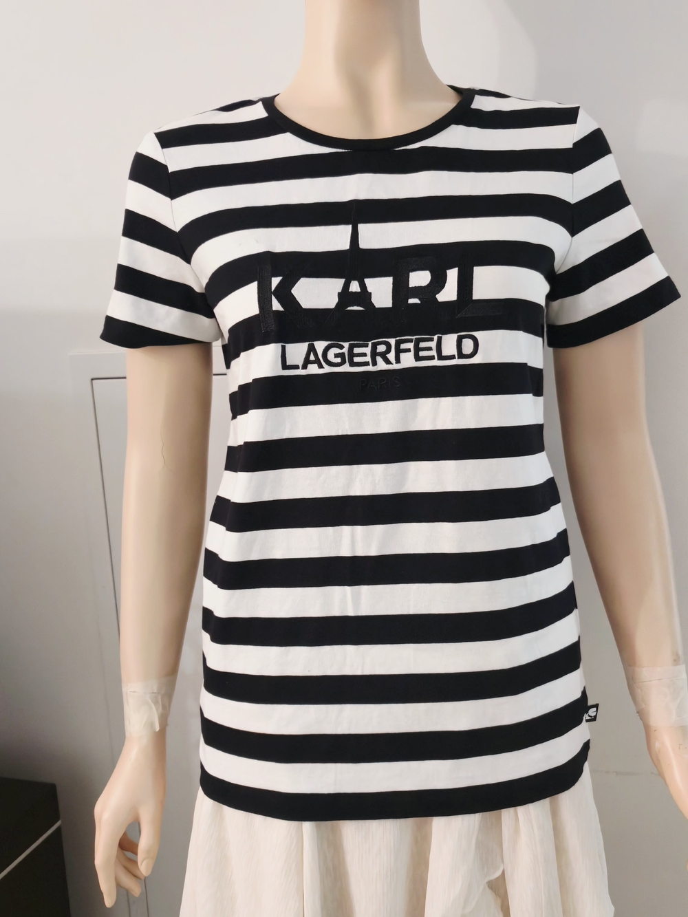 Karl Lagerfeld Black and White Striped Embroibered Logo Tee Size XS